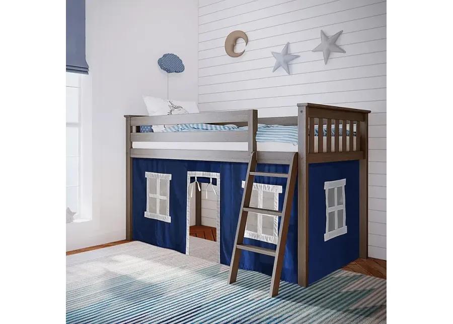 Kids Linnett Brown Twin Low Loft Bed with Blue Tent