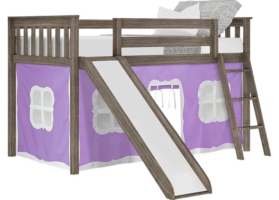 Kids Ayleth Brown Twin Low Loft Bed with Slide and Purple Tent