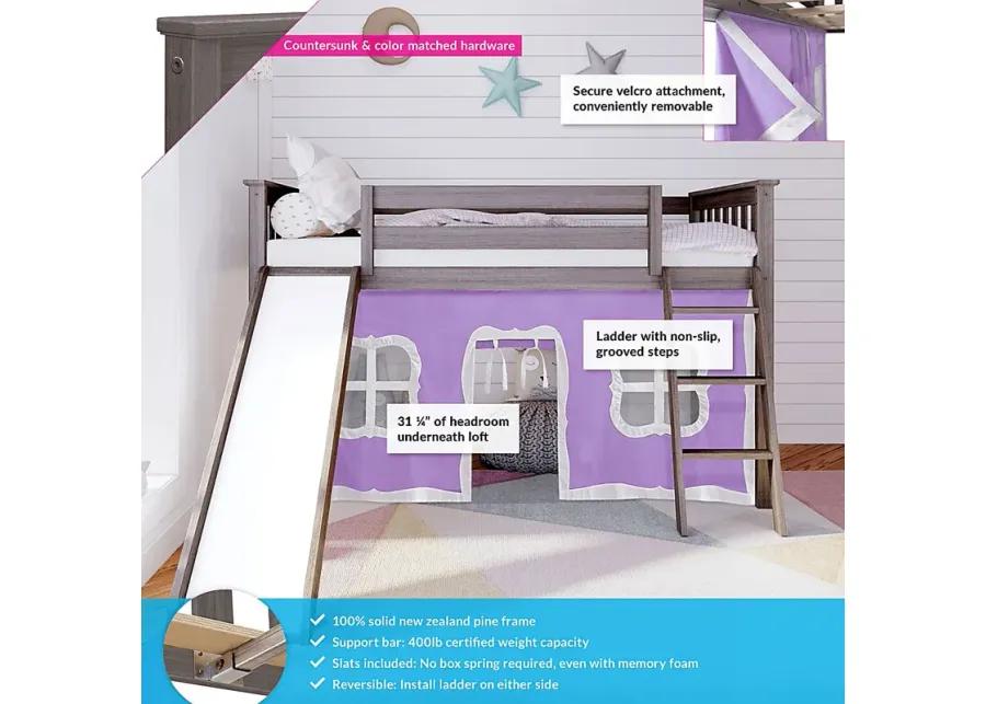 Kids Ayleth Brown Twin Low Loft Bed with Slide and Purple Tent