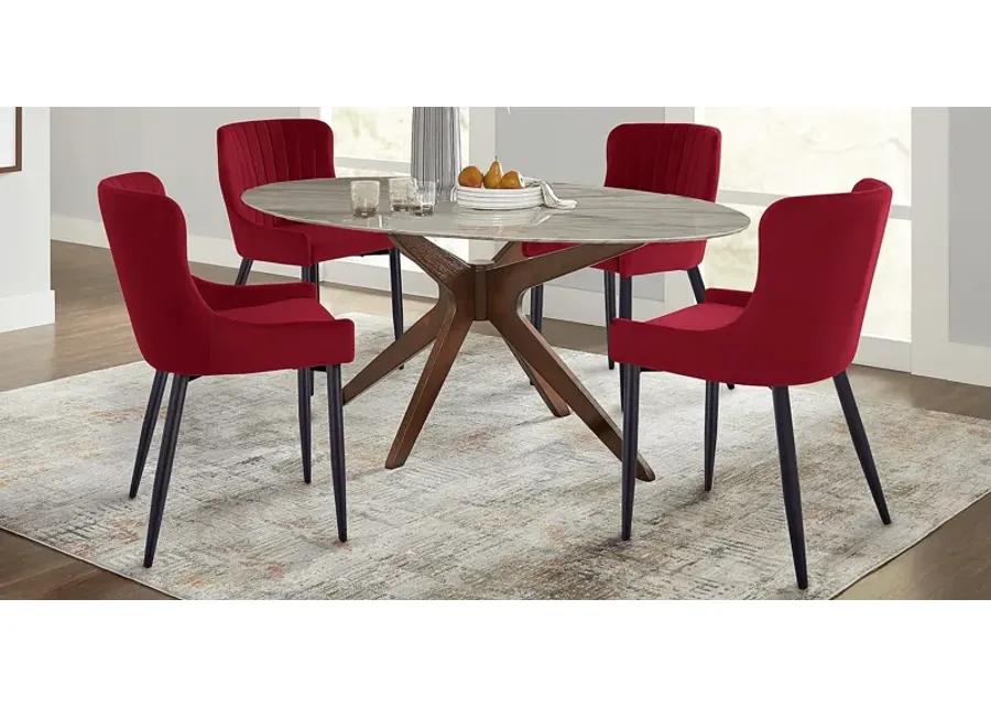 Delmon White 5 Pc Oval Dining Set with Bordeaux Side Chairs