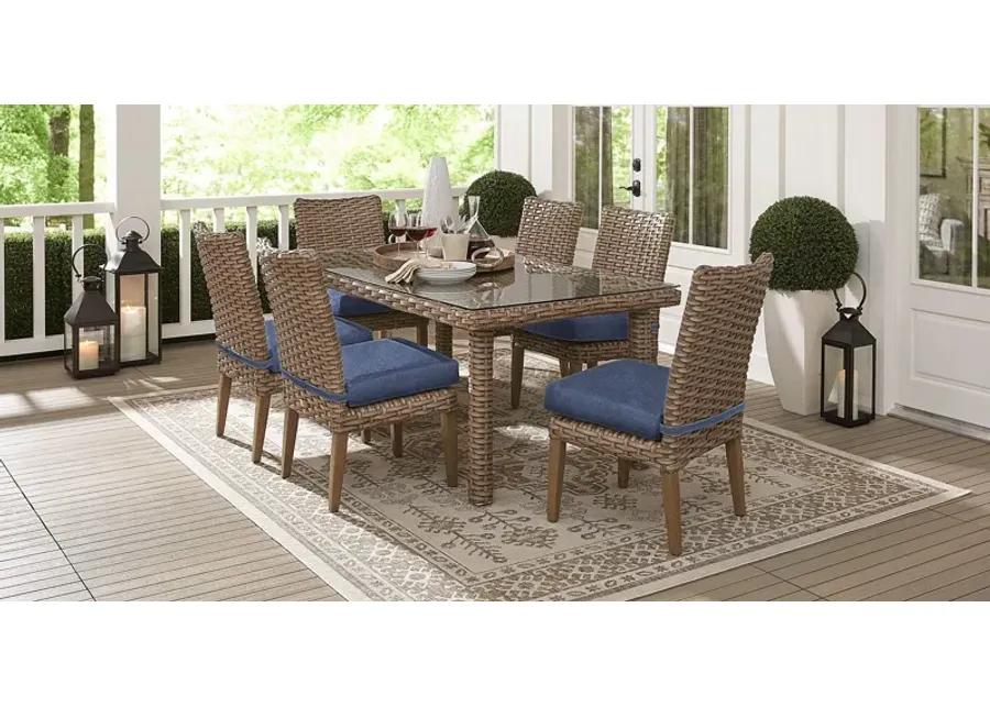 Siesta Key Driftwood 7 Pc 72 in. Rectangle Outdoor Dining Set with Indigo Cushions