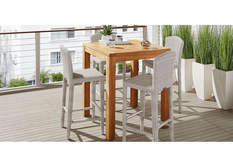 Patmos Teak 5 Pc 36 in. Square Bar Height Outdoor Dining Set with Gray Wicker Barstools