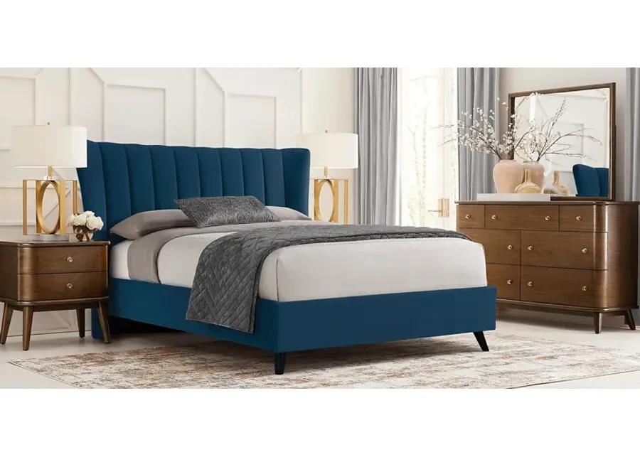 Devon Loft Walnut 5 Pc Bedroom with Nanton Park Blue King Upholstered Bed