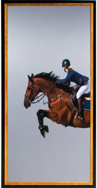 Framed Leaping Equestrian Artwork on Silk Cloth Left - Grey