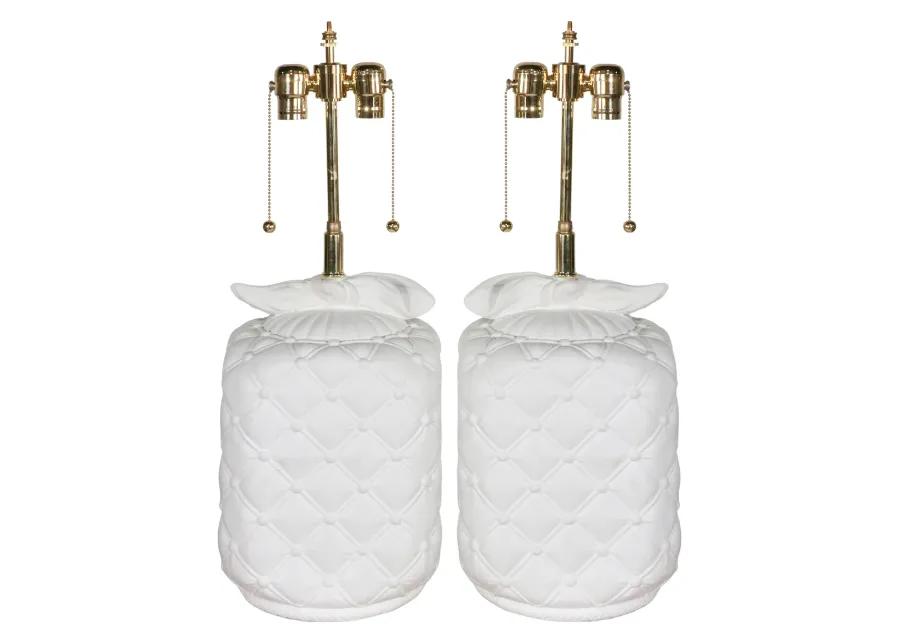 Pair Vintage White Tufted Lamps