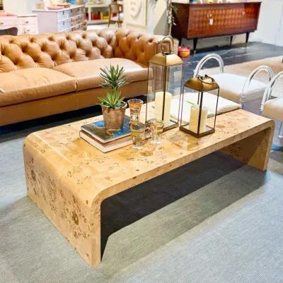 In Stock 61.5" Janus Waterfall Coffee Table in Golden Pecan Mappa Burl