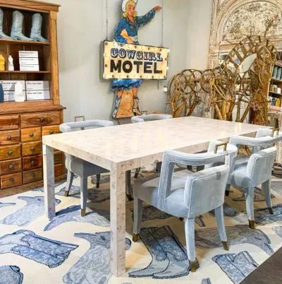 In Stock 84" Pierson Dining Table in White Washed Mappa Burl