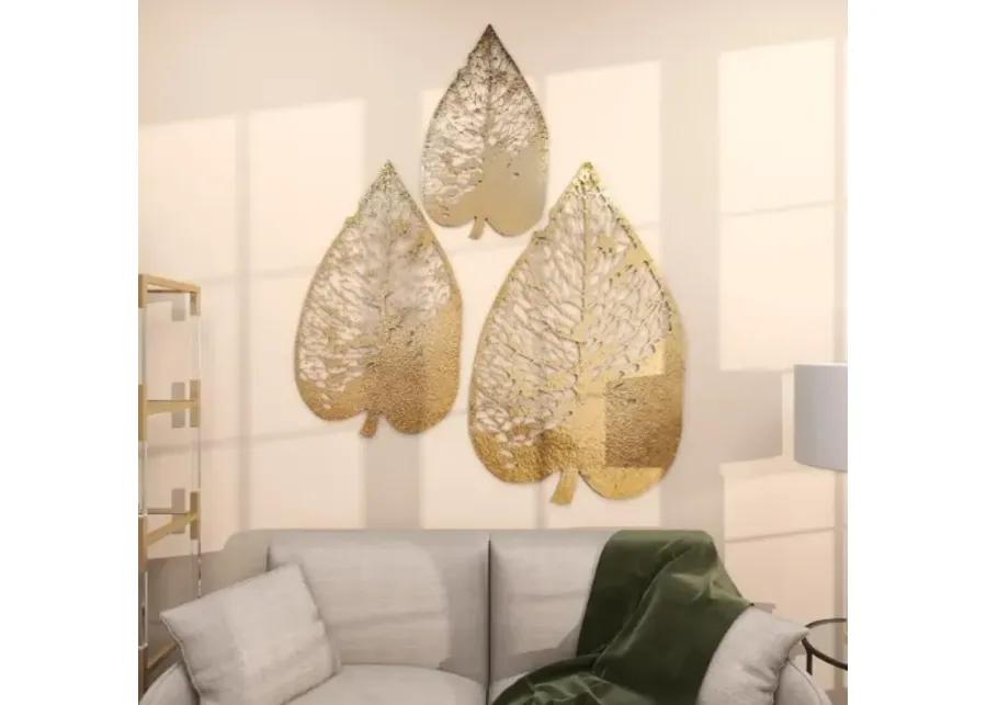 Set of 3 Gold Metal Leaves Wall Décor 28/36/45"H