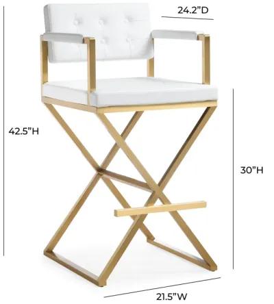 Director White Performance Vegan Leather and Gold Steel Barstool