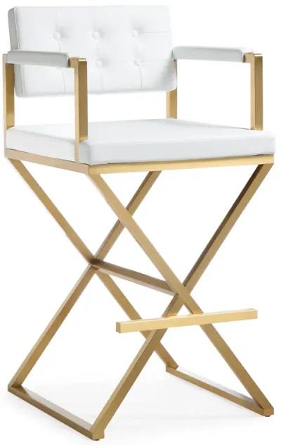 Director White Performance Vegan Leather and Gold Steel Barstool