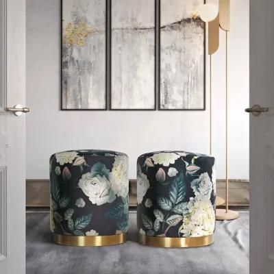 Opal Floral Velvet Ottoman with Gold Base